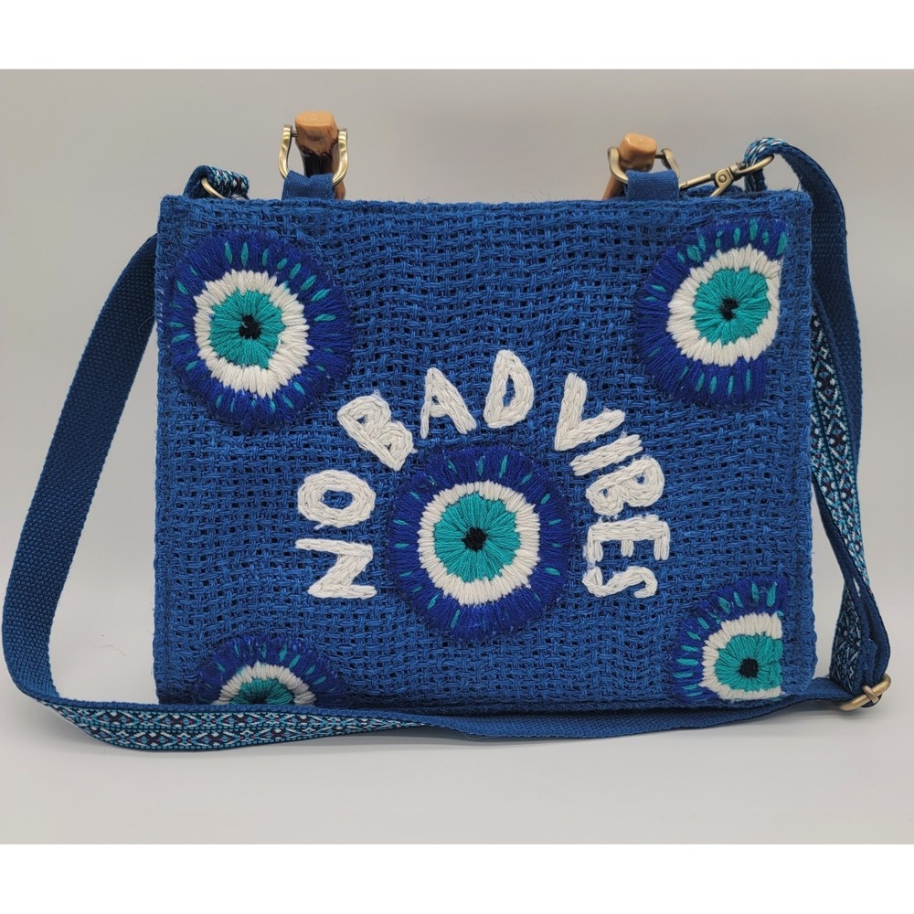 No Bad Vibes Blue Jute Tote Bag Bamboo Handle Crossbody Purse India